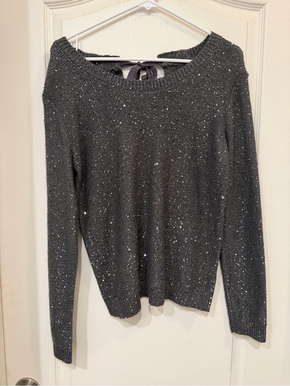 a.n.a. Small Gray Metallic Sequin Sparkle Sweater Bow Back Holiday Party